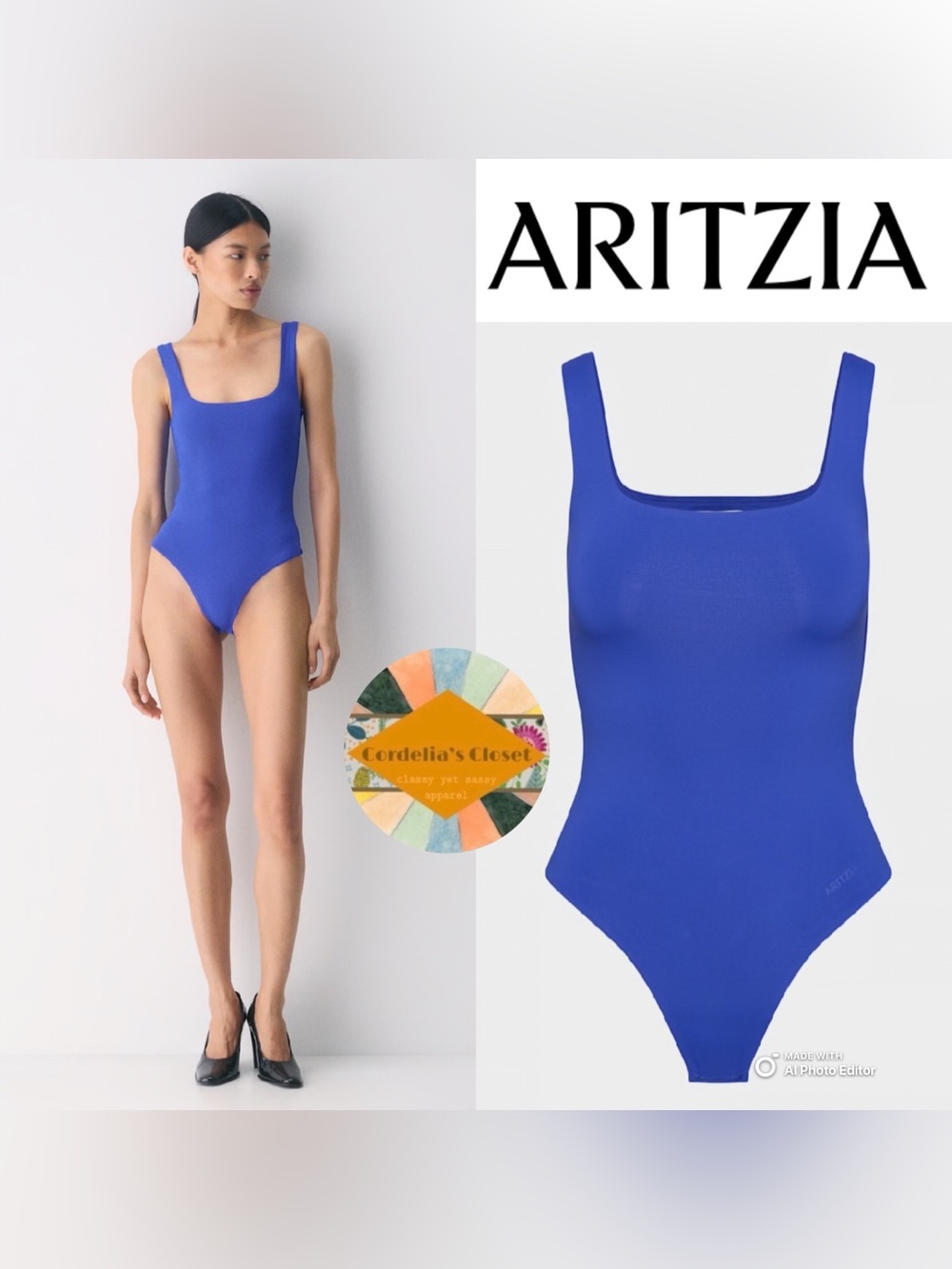 NWT! ARITZIA Original Contour Pursue Squareneck Bodysuit in Ablaze Blue Medium